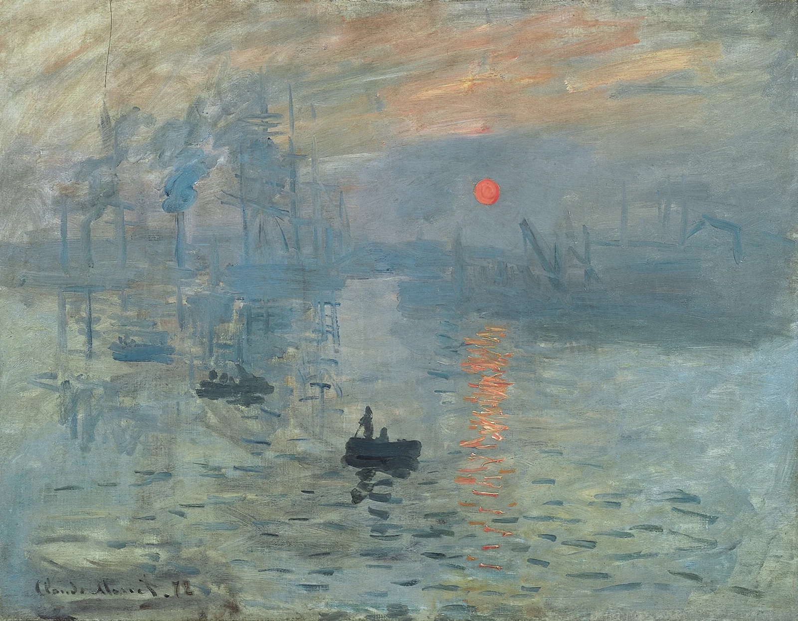 Impression, soleil levant de Claude Monet - Peinture impressionniste représentant un port au lever du soleil avec des bateaux dans une brume orangée
