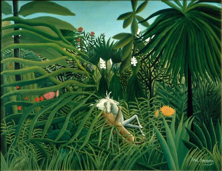 Cheval attaqué par un jaguar d'Henri Rousseau - Un cheval blanc se cabre dans une jungle luxuriante tandis qu'un jaguar tacheté bondit sur son dos
